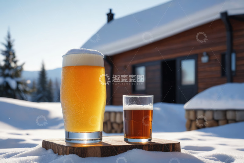 高清大图下载【趣麦麦图】雪地木屋前的两杯啤酒