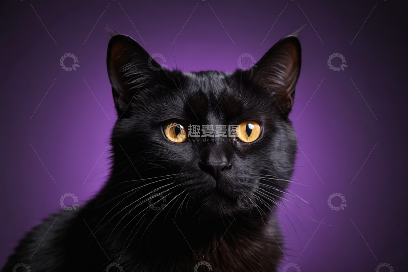 高清大图下载【趣麦麦图】黑毛猫紫色背景特写