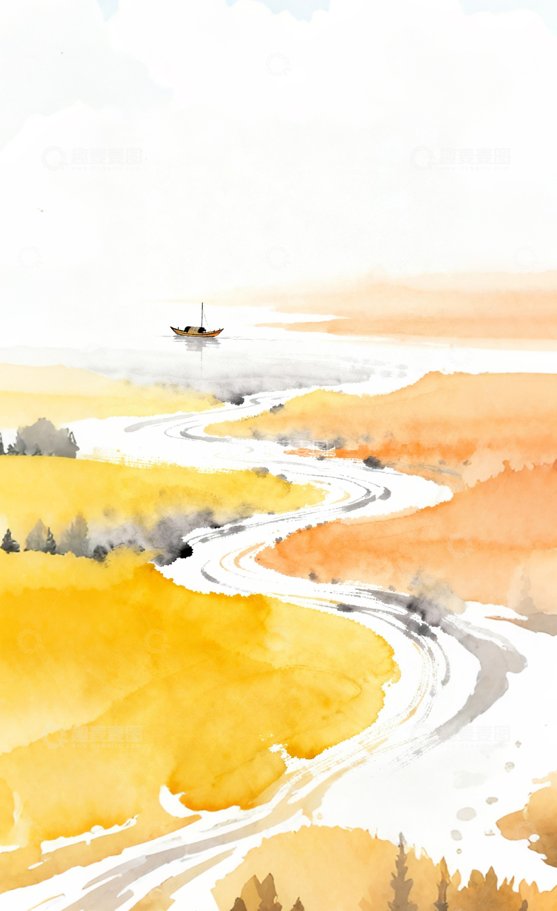 高清大图下载【趣麦麦图】水彩画乡村河流风光