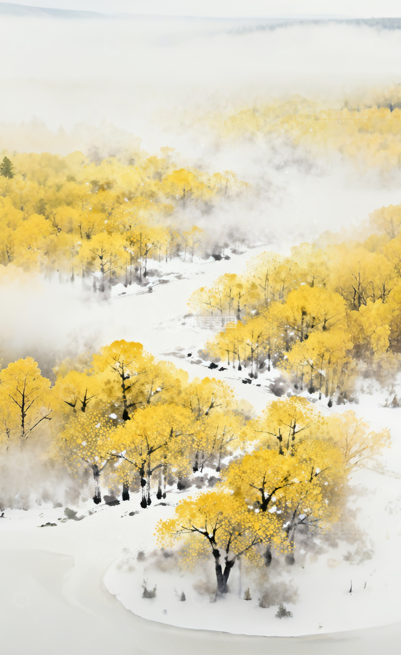 高清大图下载【趣麦麦图】秋日雪景水彩画