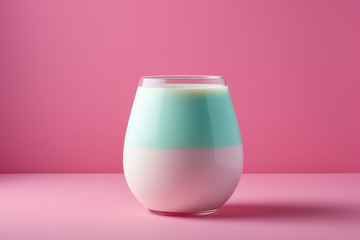 粉色背景玻璃杯中的分层饮料