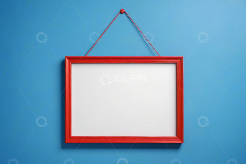 高清大图下载【趣麦麦图】蓝色背景挂墙红色空白画框