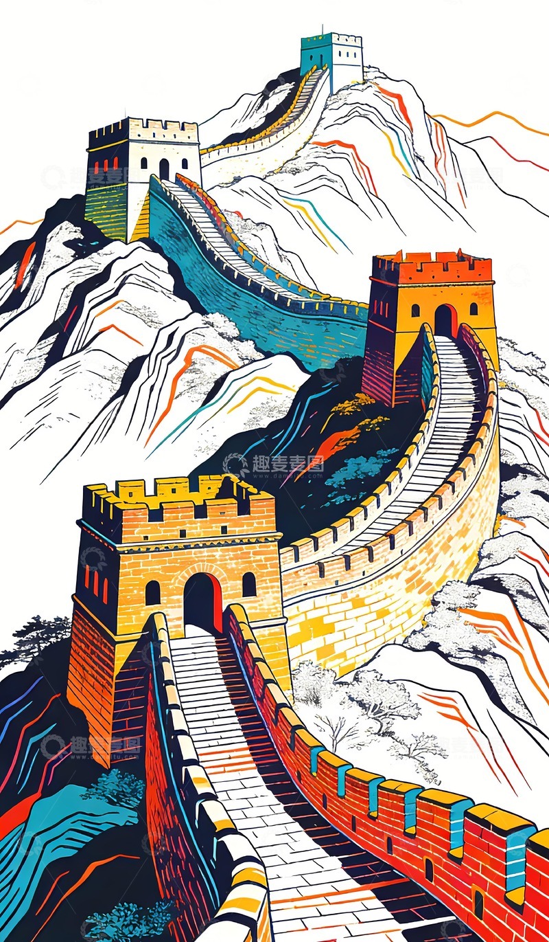 高清大图下载【趣麦麦图】万里长城轮廓上色