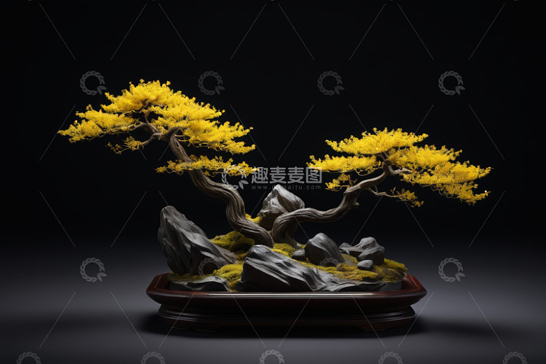 黄色盆景树与岩石景观