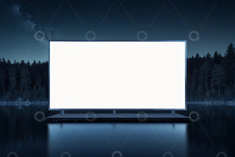 高清大图下载【趣麦麦图】湖边森林夜景中的空白显示屏