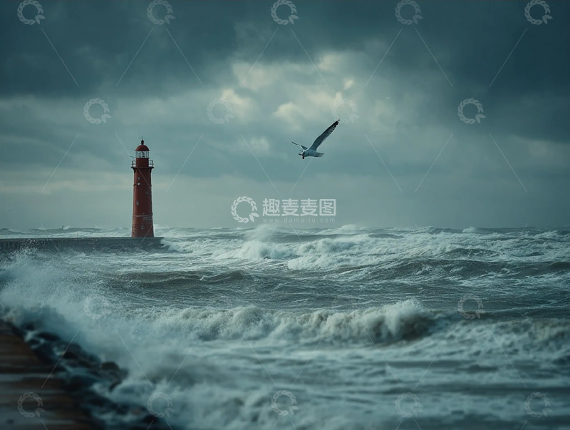 高清大图下载【趣麦麦图】阴晴海滨下的灯塔浪涛景致