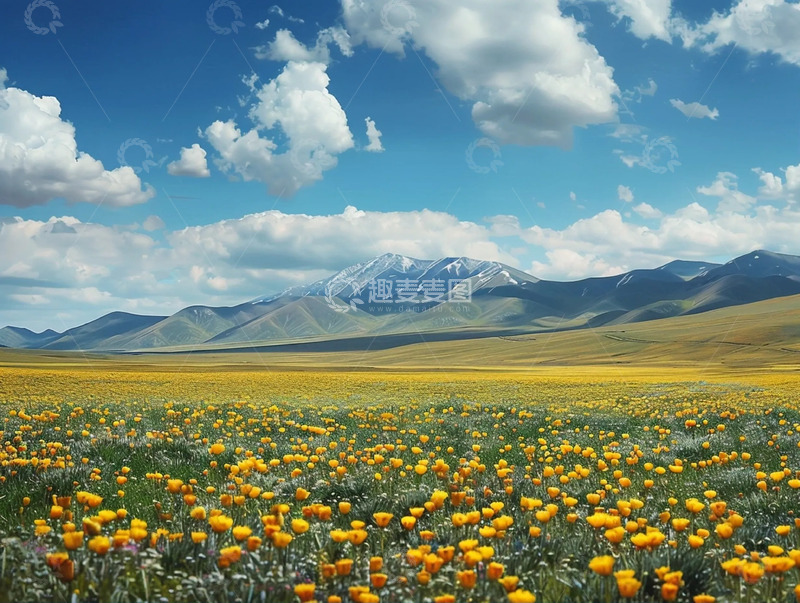 高清大图下载【趣麦麦图】蓝天雪山下开花的草原