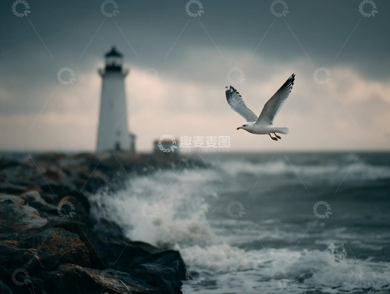 高清大图下载【趣麦麦图】海浪礁石旁的灯塔与翱翔海鸥