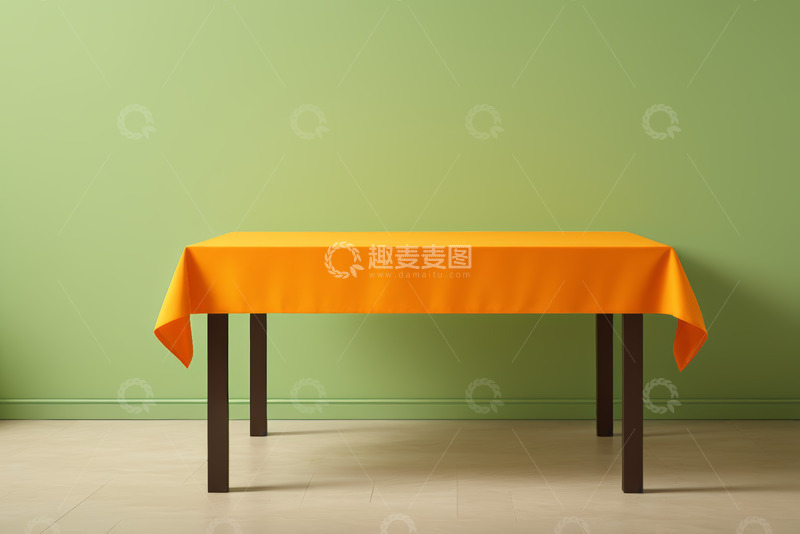 高清大图下载【趣麦麦图】绿墙前橙色桌布覆盖的桌子
