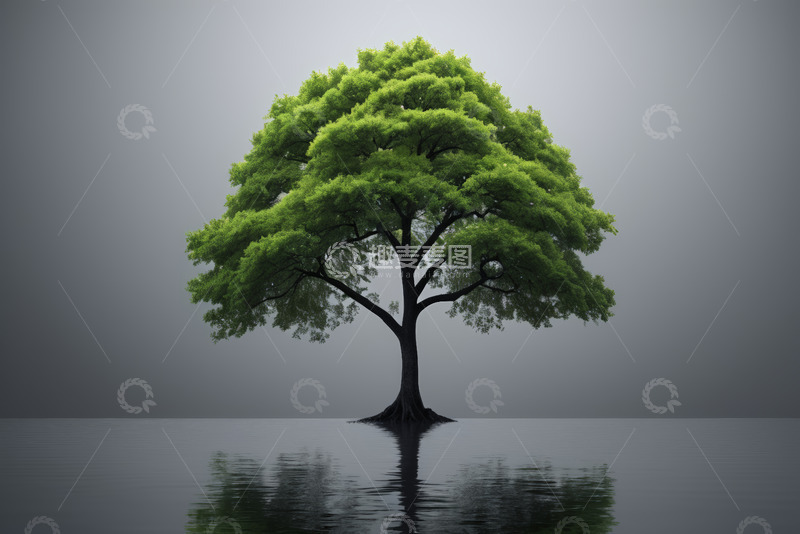高清大图下载【趣麦麦图】单棵绿树倒影在水面画面