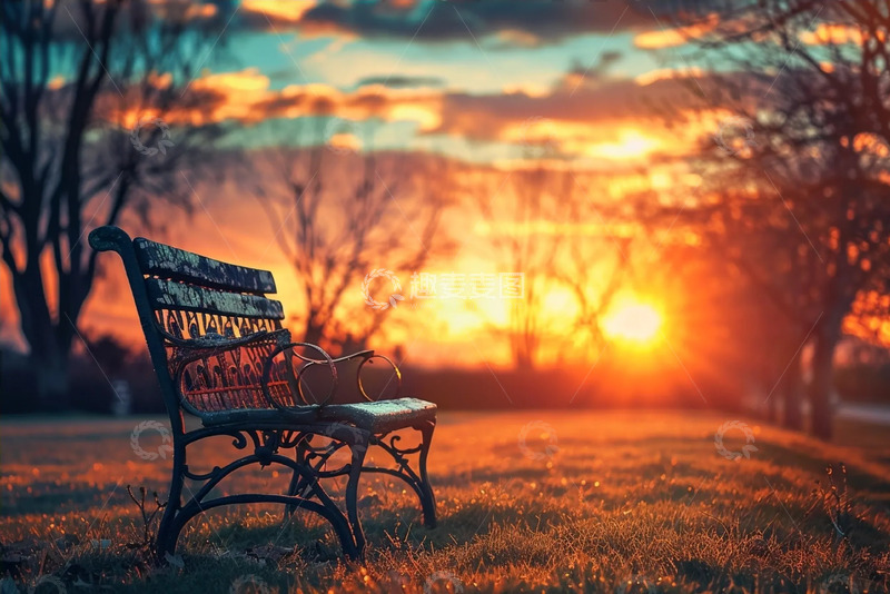 高清大图下载【趣麦麦图】日落余晖下的公园椅子静谧时刻