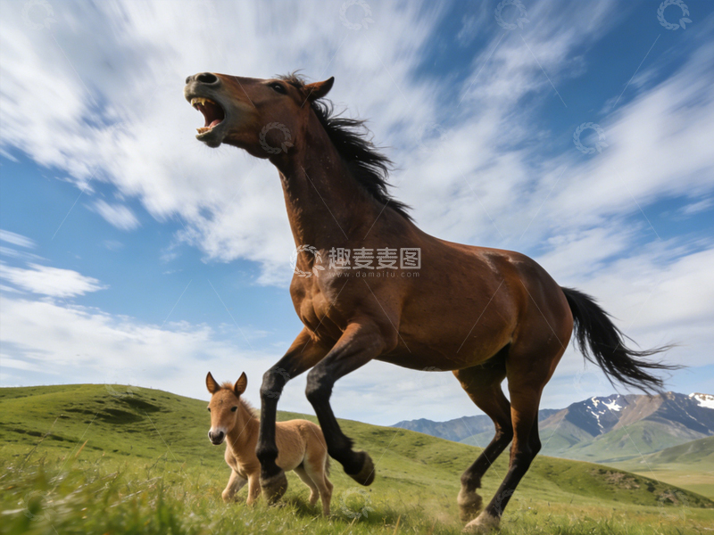 高清大图下载【趣麦麦图】草原里骏马与幼驹的生活图景