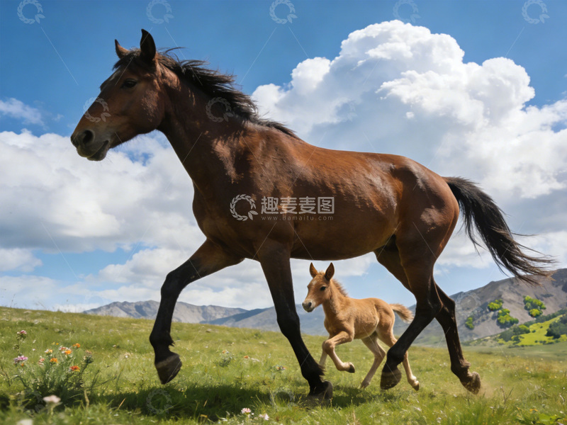 高清大图下载【趣麦麦图】旷野中骏马与幼驹的欢快驰骋