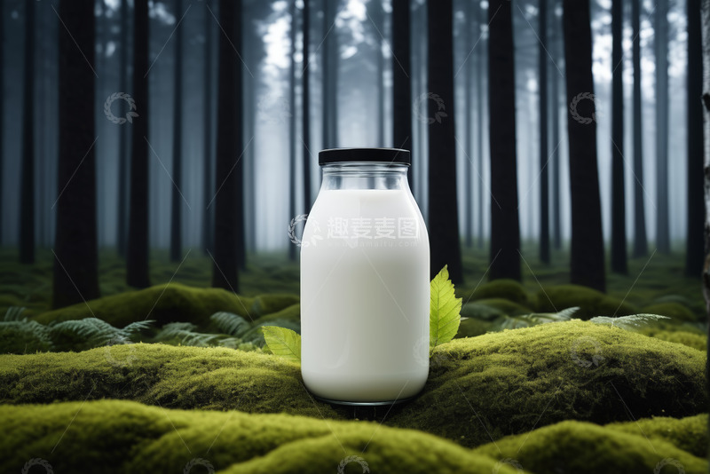 高清大图下载【趣麦麦图】森林中草地上的玻璃瓶牛奶