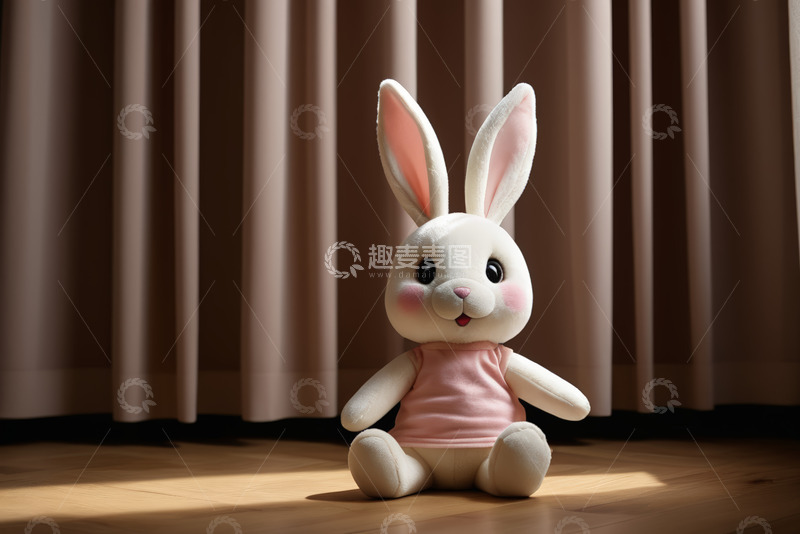 高清大图下载【趣麦麦图】室内坐着的粉色衣服毛绒兔子