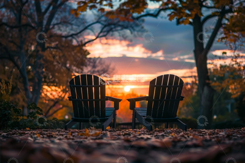 高清大图下载【趣麦麦图】橙光暮色里的公园长椅与落叶草地