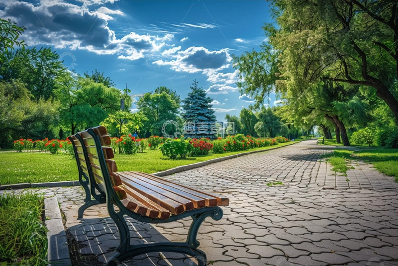 高清大图下载【趣麦麦图】公园步道旁的秋日长椅景致