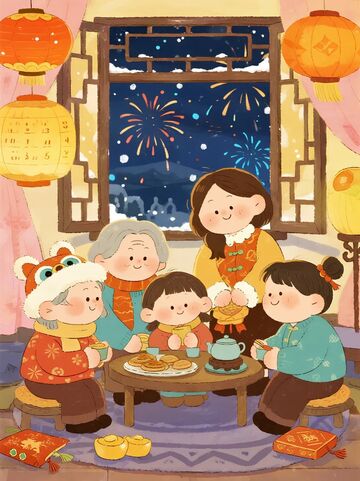 卡通春节团圆场景插画