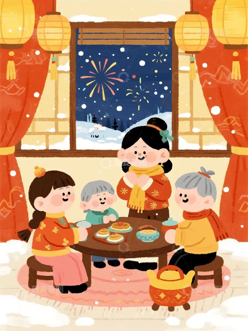 高清大图下载【趣麦麦图】卡通春节团圆聚餐插画