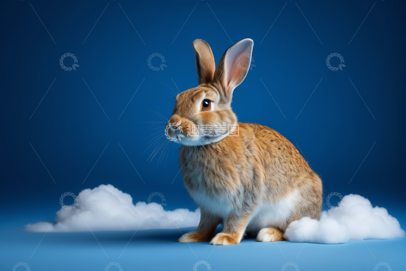 高清大图下载【趣麦麦图】蓝色背景前坐着的可爱兔子