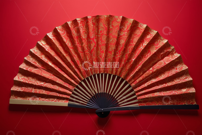 高清大图下载【趣麦麦图】红色中式传统折扇特写