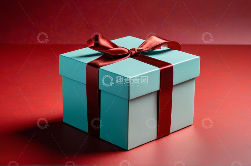 高清大图下载【趣麦麦图】蓝色礼盒配红色丝带特写