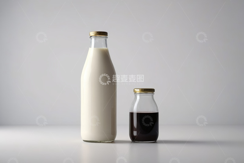 高清大图下载【趣麦麦图】玻璃瓶牛奶与深色饮品展示