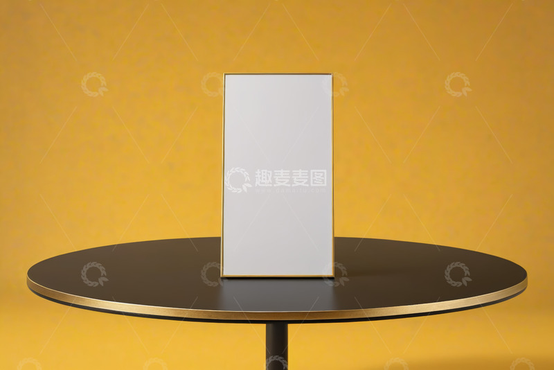 高清大图下载【趣麦麦图】黄色背景圆桌上的空白展示牌