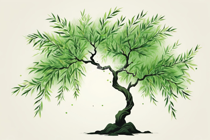 高清大图下载【趣麦麦图】翠绿柳树插画素材