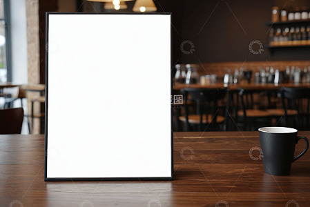 餐厅桌上空白画框与咖啡杯