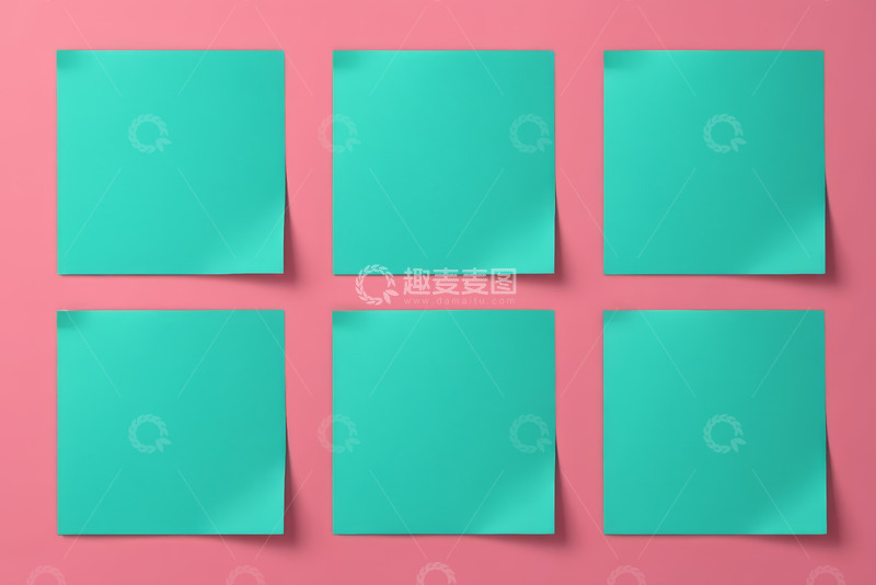 高清大图下载【趣麦麦图】粉色背景上的六张蓝绿色便签纸