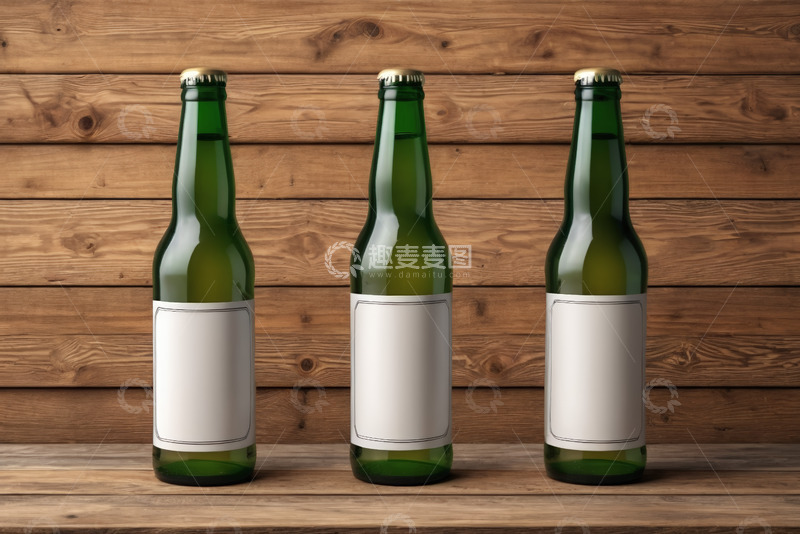 高清大图下载【趣麦麦图】木质背景上的绿色啤酒瓶