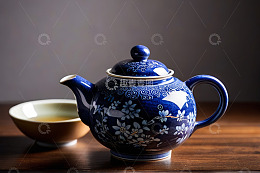 中式青花瓷茶壶与茶碗