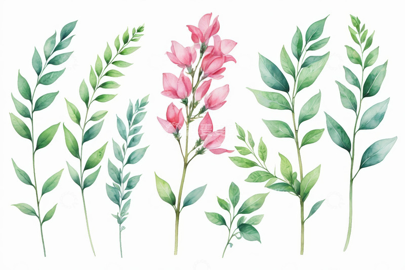 高清大图下载【趣麦麦图】水彩风格粉色花朵与绿叶素材