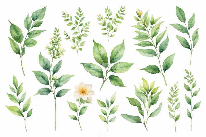 高清大图下载【趣麦麦图】水彩风格绿色植物花卉素材