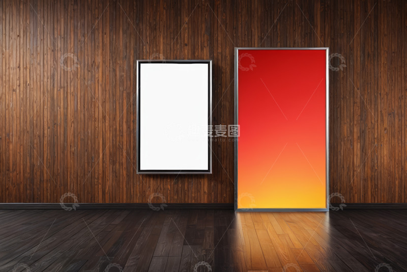高清大图下载【趣麦麦图】室内木质墙面前的空白展板