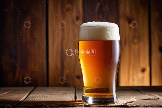 木质背景上的一杯啤酒