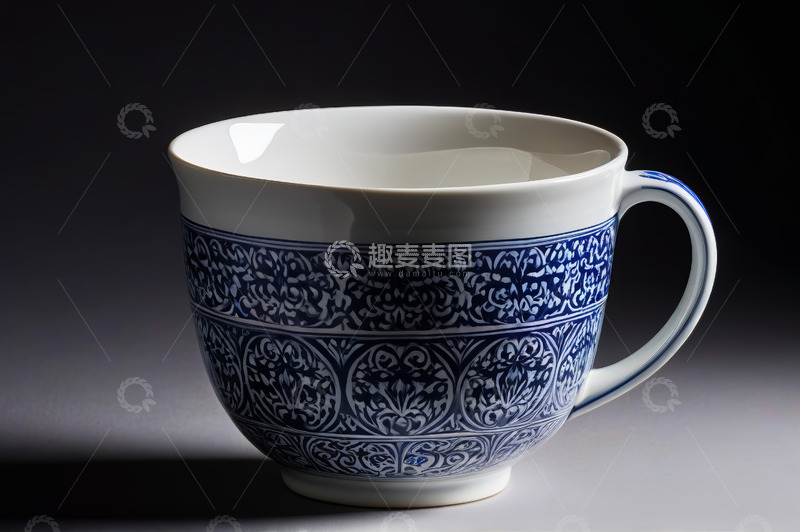 高清大图下载【趣麦麦图】蓝白花纹陶瓷杯特写