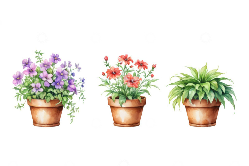 高清大图下载【趣麦麦图】三盆盆栽花卉水彩画
