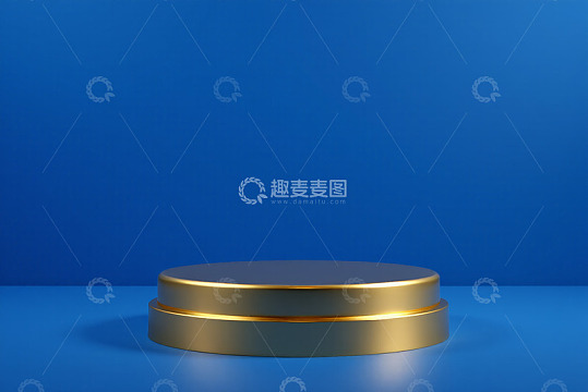 蓝色背景下的金色圆形展示台
