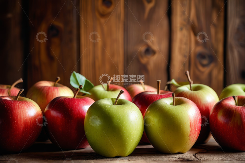 高清大图下载【趣麦麦图】木背景上的红绿苹果