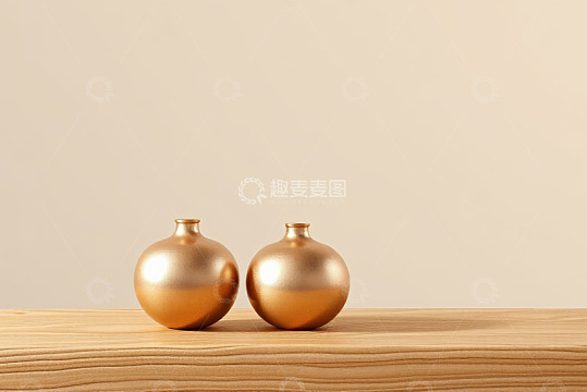 木质台面上的金色花瓶