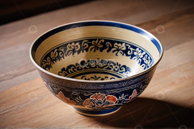 高清大图下载【趣麦麦图】中式花纹陶瓷碗特写