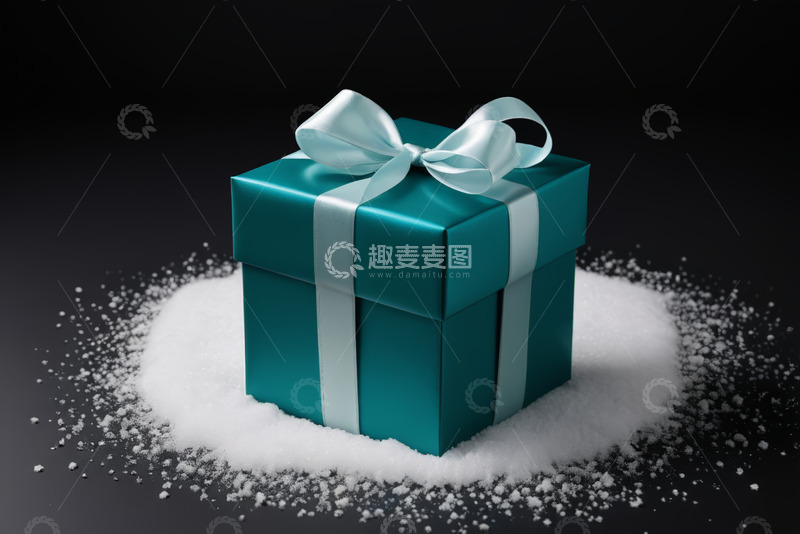 高清大图下载【趣麦麦图】蓝色礼品盒配白色丝带与积雪