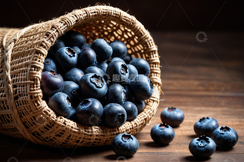 高清大图下载【趣麦麦图】木桌上竹篮内的新鲜蓝莓