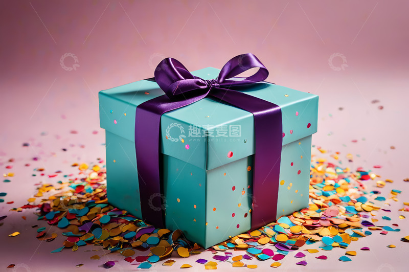 高清大图下载【趣麦麦图】蓝色礼盒配紫色蝴蝶结与彩屑