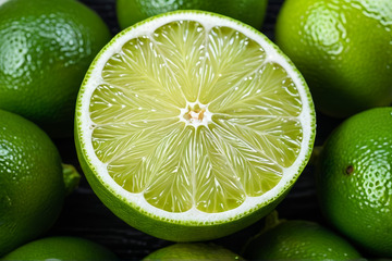 切开的青柠及整颗青柠特写