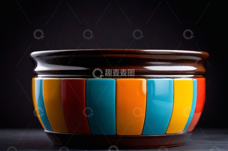高清大图下载【趣麦麦图】彩色条纹陶瓷碗特写