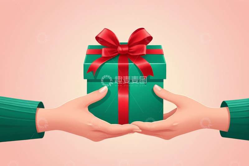 高清大图下载【趣麦麦图】双手递送绿色礼物盒画面
