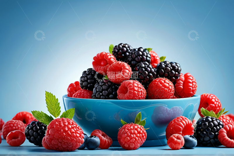 高清大图下载【趣麦麦图】蓝色碗中盛放的新鲜浆果